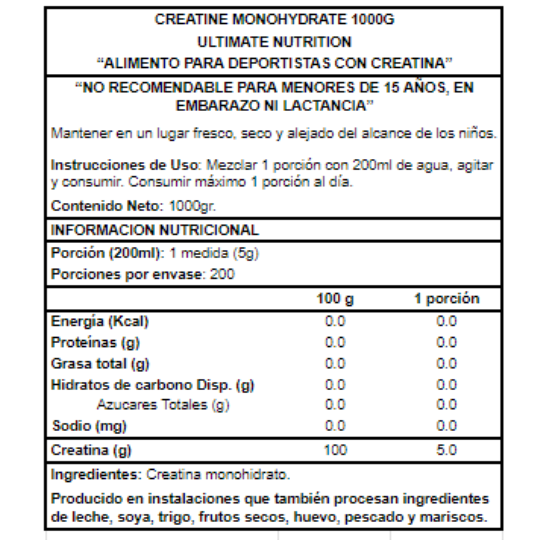 Creatina Ultimate Nutrition 200 Servicios / 1 Kilo – tabla nutricional