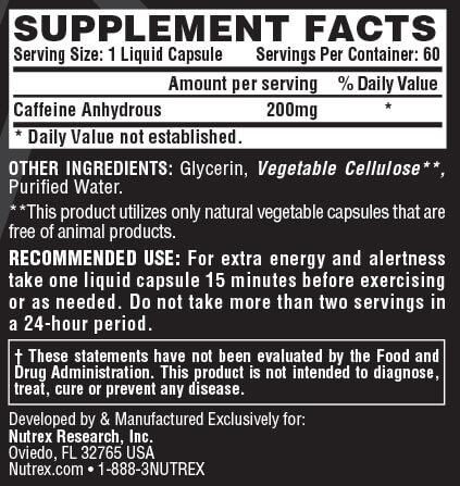 Cafeina Nutrex 200mg / 60 Cápsulas – tabla nutricional