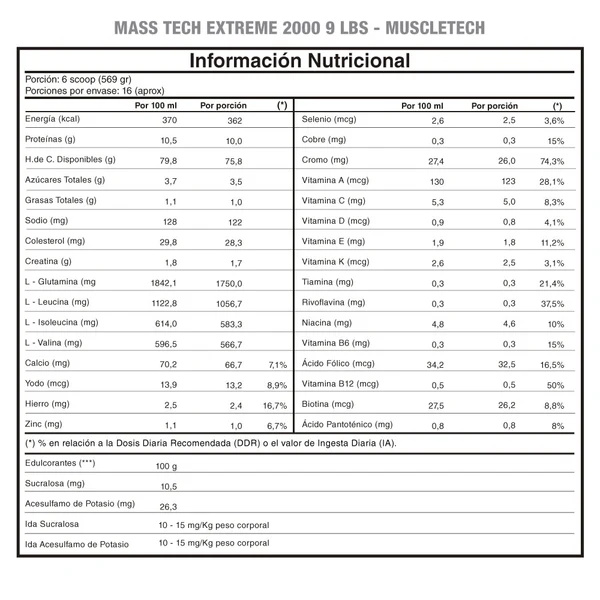 Mass Tech Extreme 2000 20 lbs – tabla nutricional