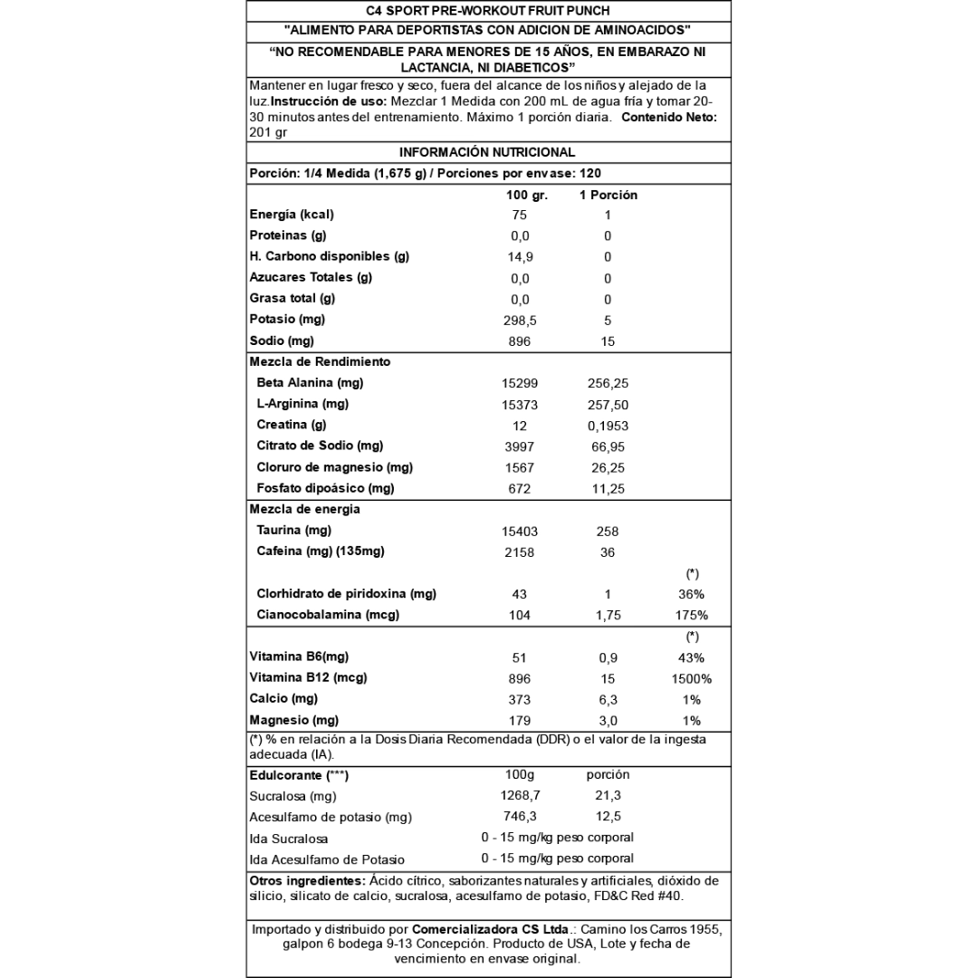C4 Sport 30 Servicios – tabla nutricional