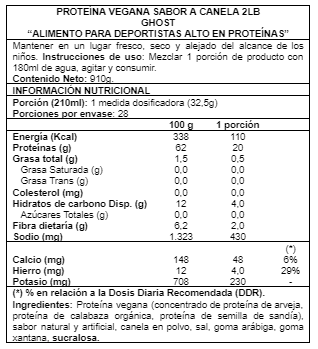 Vegan Protein Ghost 2 lb – tabla nutricional