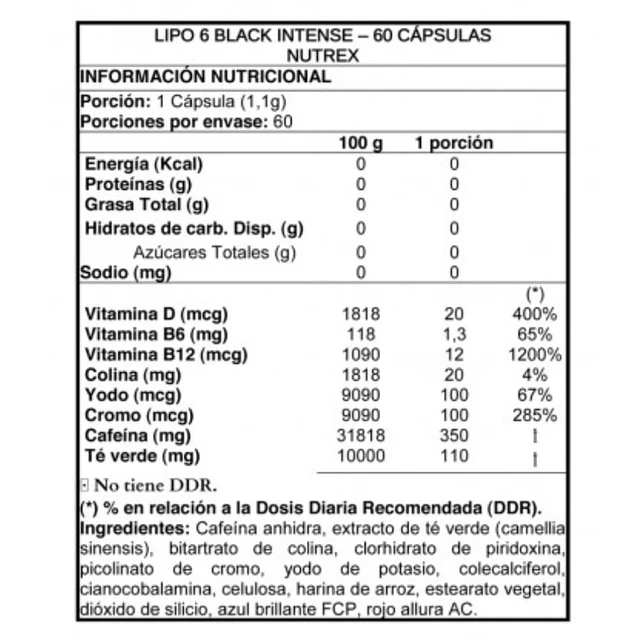 Lipo 6 Black Intense 60 Cápsulas – tabla nutricional