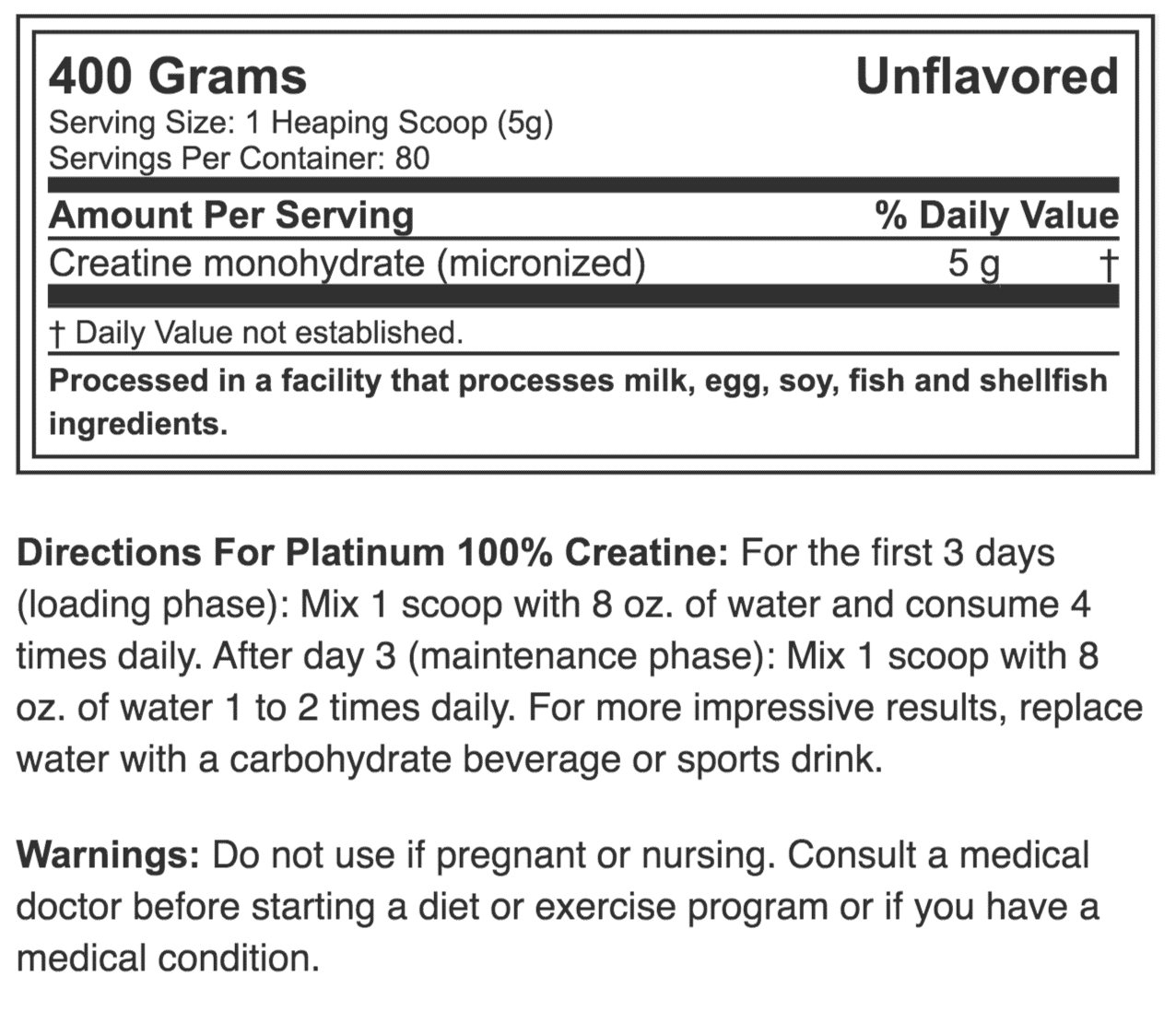 Creatina Platinum 80 Servicios / 400 Gramos – tabla nutricional