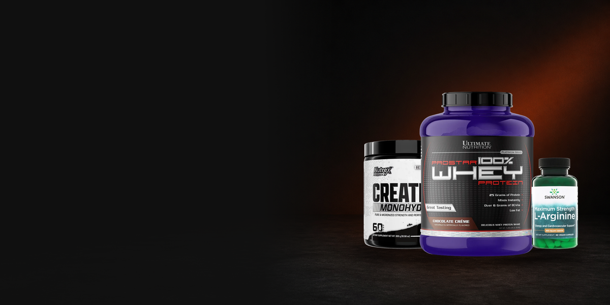 Prostar 100% Whey, creatina Nutrex y L-Arginina Swanson sobre fondo negro
